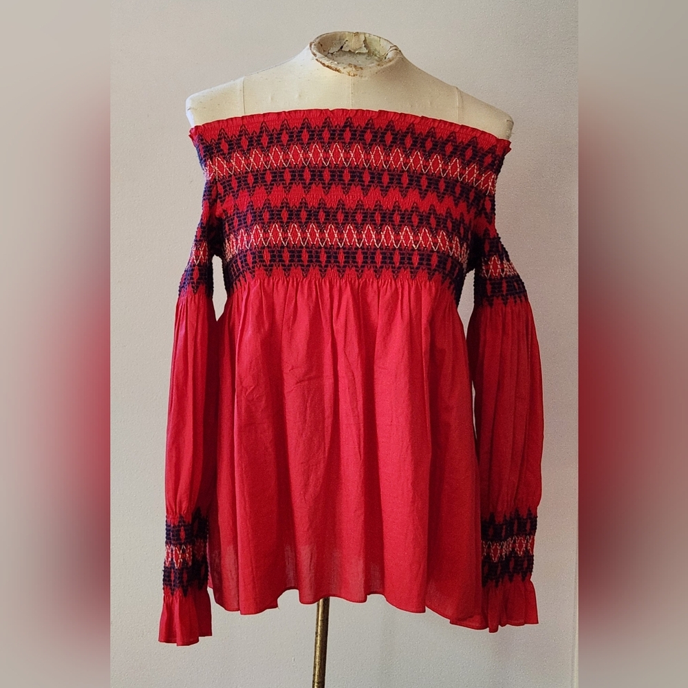 Maje "Lezky off-the-shoulder Red Smocked Embroidered Cotton Boho Top Sz 1